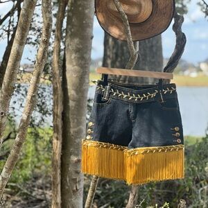 Bisou Bisou Black and Gold Fringe Jean Shorts